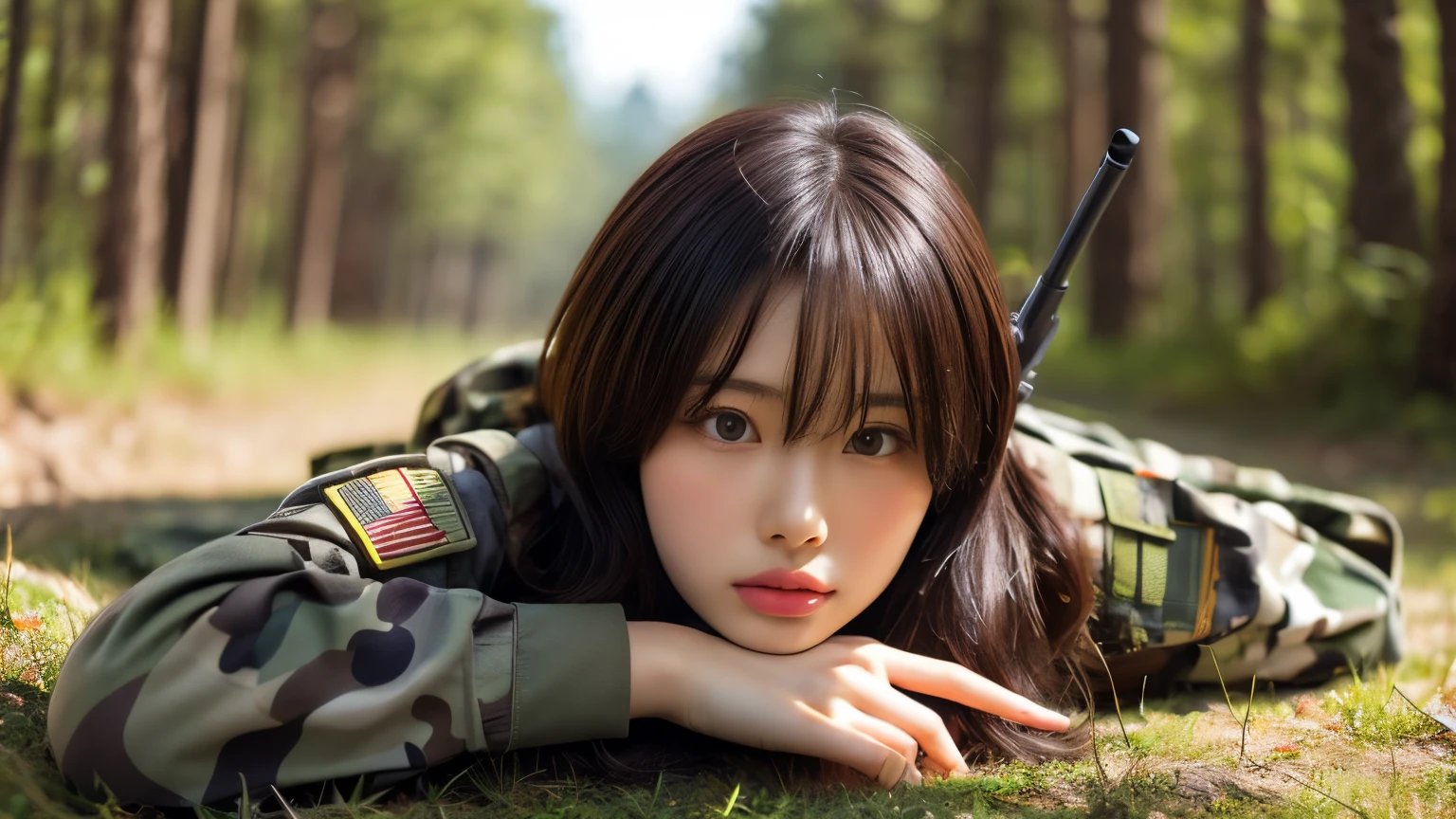 Highly detailed CG Unity 8k wallpaper, top quality, super detailed, masterpiece, realistic, photorealistic, highly detailed cute girl, 25 years old, (Camouflage military clothes)
, forest with river ,blush, round eyes, medium breasts, viewer, cowboy shot,