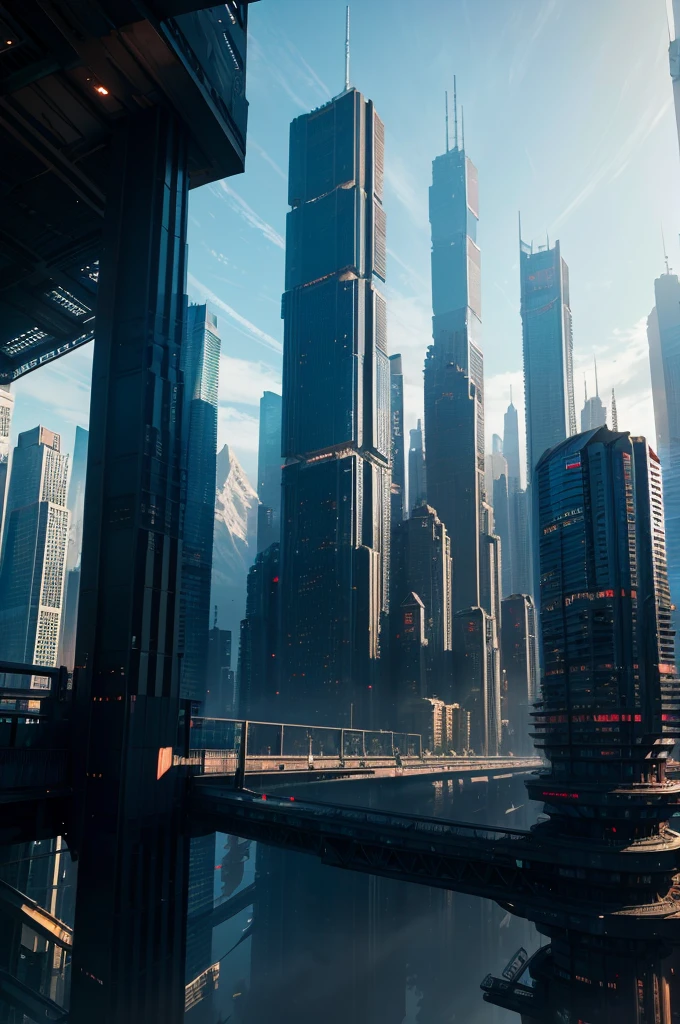 a vast cyberpunk megacity with towering skyscrapers 100 times taller than normal buildings, nestled between gigantic glacial mountains, in a futuristic, romantic, dreamlike utopian world, best quality, 8k, masterpiece