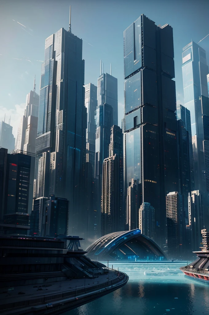 a vast cyberpunk megacity with towering skyscrapers 100 times taller than normal buildings, nestled between gigantic glacial mountains, in a futuristic, romantic, dreamlike utopian world, best quality, 8k, masterpiece