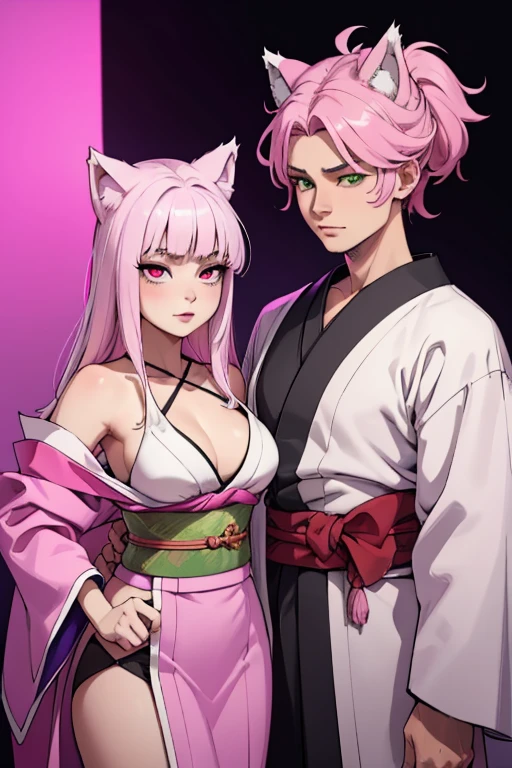 A young pink haired wolf woman with violet eyes and pink wolf ears and a pink wolf tail in a prettty kimono is posing with a young white haired wolf woman with green eyes and white wolf ears and a white wolf tail in a prettty kimono
