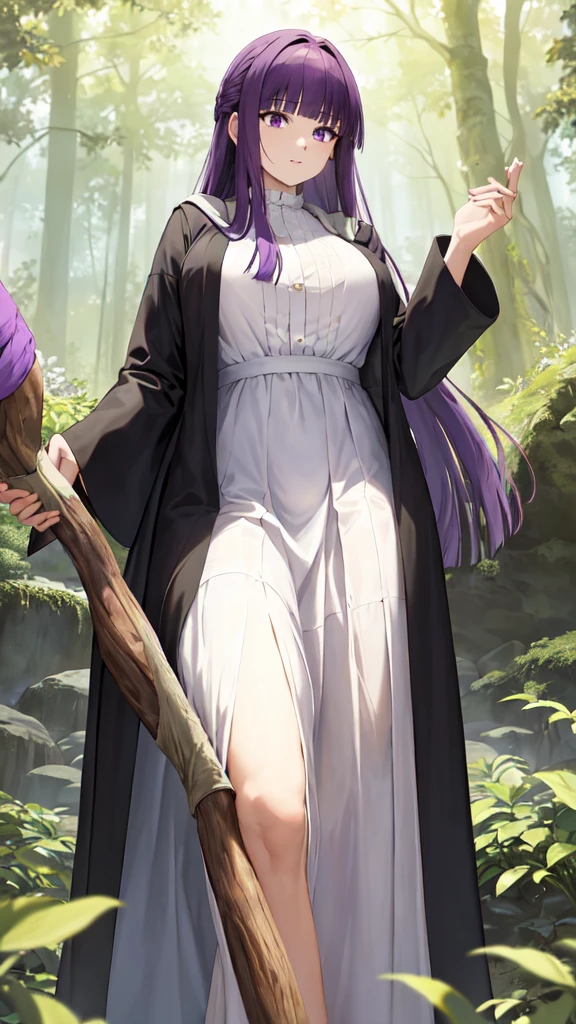 masterpiece, Highest quality, High resolution, Arfern, Long Hair, Purple Hair, Blunt bangs, Purple eyes, Large Breasts, Long dress, White Dress, Black Robe, Long sleeve, Are standing, holding staff, forest, Cowboy Shot,