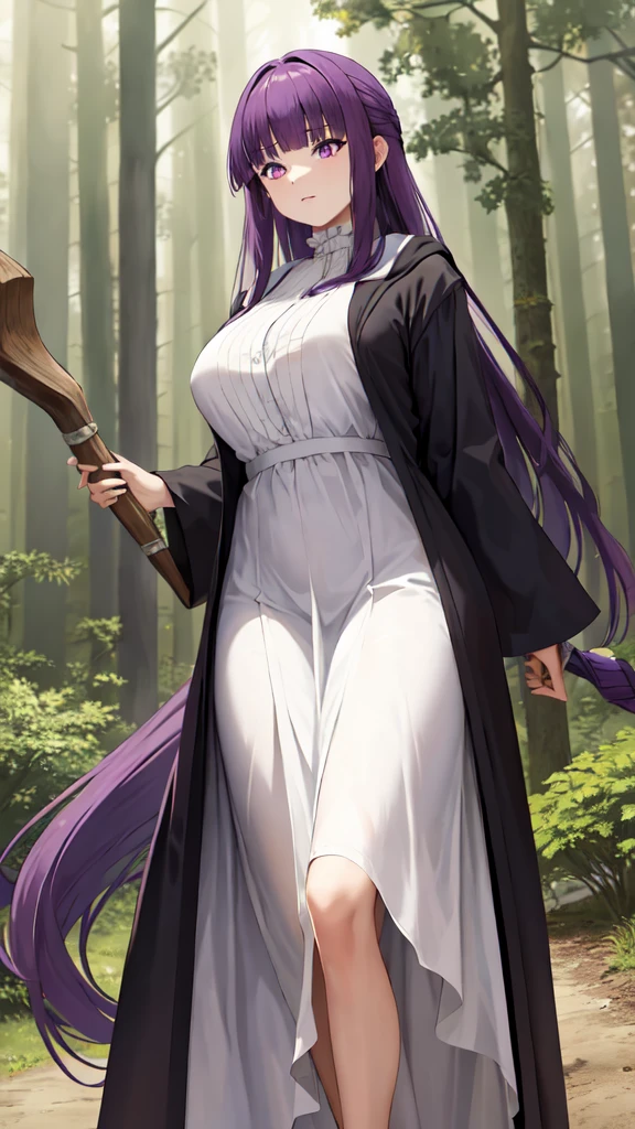 masterpiece, Highest quality, High resolution, Arfern, Long Hair, Purple Hair, Blunt bangs, Purple eyes, Large Breasts, Long dress, White Dress, Black Robe, Long sleeve, Are standing, holding staff, forest, Cowboy Shot,