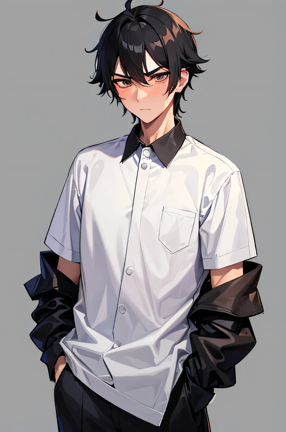 1man, 25-year-old, tsundere, jet-black hair that goes down to his ears, piercing gray eyes, eyebrows furrowed in disapproval, blushing slightly, eyes looking to the side, arms crossed, body is slender and is wearing a modern bakers uniform