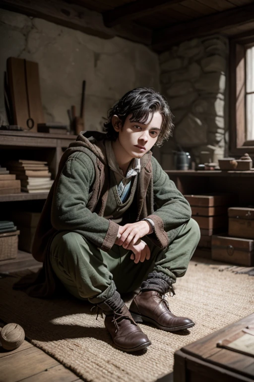 a boy between 20 and 25 years old dressed like a hobbit from Tolkien's works with pointy ears is sitting in a room with architect's objects. He has voluminous dark hair.