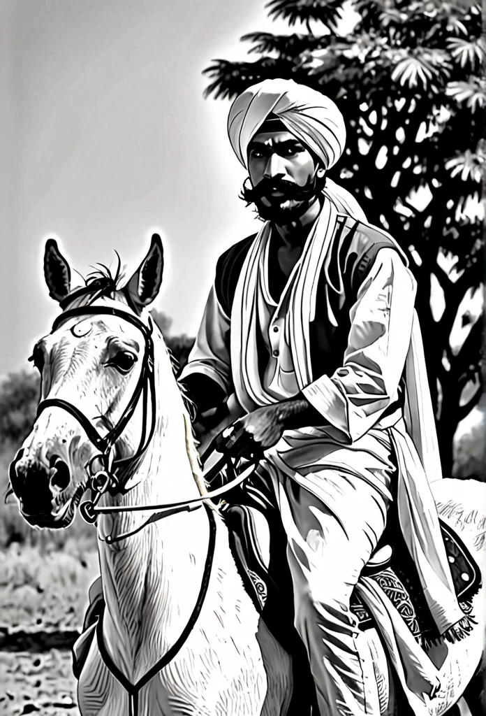 A 30 year old man wearing a white Indian Gujarati turban has a large mustache on his face, a spear in his hand, and is sitting on a white horse ,with a cloth tied to stop the so much bleeding from his stomach ,the color of blood is stuck on his clothes which is visible from red color he tries to kill 8 people around him with a spear the people around him have guns in their hands, 8 men who are muslims .(b&w, black and white:1.2) monochrome pencil art, Unpainted, high contrast, line art, (sketch), simple flat 2D drawing, 
simple [white|paper] background,
(masterpiece), best quality, detailed, intricate details,

