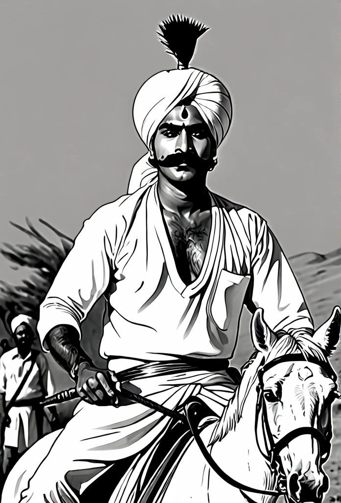 A 30 year old man wearing a white Indian Gujarati turban has a large mustache on his face, a spear in his hand, and is sitting on a white horse ,with a cloth tied to stop the so much bleeding from his stomach ,the color of blood is stuck on his clothes which is visible from red color he tries to kill 8 people around him with a spear the people around him have guns in their hands, 8 men who are muslims .(b&w, black and white:1.2) monochrome pencil art, Unpainted, high contrast, line art, (sketch), simple flat 2D drawing, 
simple [white|paper] background,
(masterpiece), best quality, detailed, intricate details,
