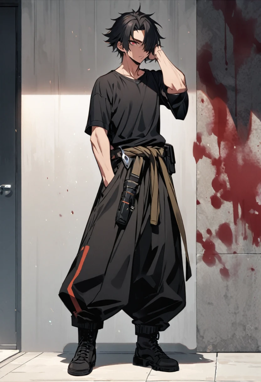 Sasae Hatsushimi. is a young man with messy, shoulder-length black hair that partially hangs in front of his face and half-opened blood-red eyes. With a cool and cold face with a strong gaze. he has a moderate athletic build, and His attire consists of a tight-fitting black shirt, sports tan baggy pants with a tool belt casually around his waist, and  black boots