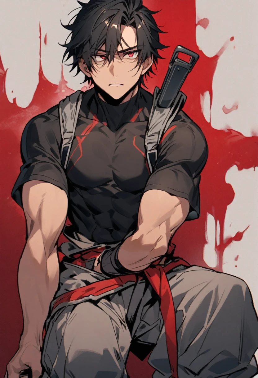 Sasae Hatsushimi. is a young man with messy, shoulder-length black hair that partially hangs in front of his face and half-opened blood-red eyes. With a cool and cold face with a strong gaze. he has a moderate athletic build, and His attire consists of a tight-fitting black shirt, sports tan baggy pants with a tool belt casually around his waist, and  black boots