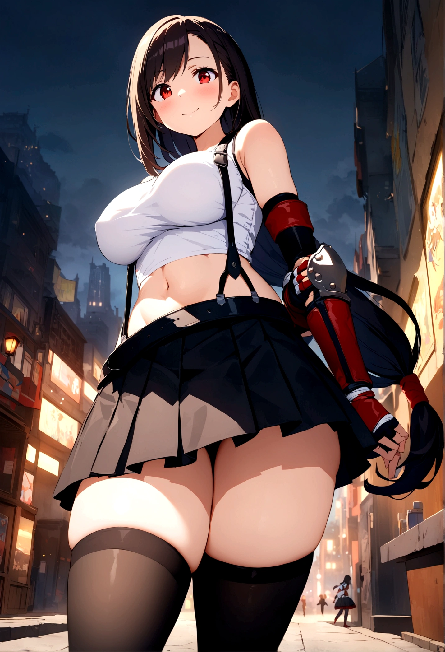 score_9, score_8_up, score_7_up,score_6, score_5,4k,BREAK , from side,from below,breast focus,standing,straight-on,walking,arms behind back,(mediumshot),looking_at_viewer ,1girl, tifa lockhart, final fantasy, tareme,black hair, low-tied long hair, red eyes, bangs, (white tank top, belt, pleated skirt, thighhighs, elbow fingerless gloves, elbow pads, midriff, navel,suspender skirt) ,(large_breast),(light smile),Curvy waist,,Solo,,(daytime and beachside and city),detailed skin,(best quality),(aesthetic,very aesthetic),UHD,HDR,intricate detailed,anime,highly detailed,sharp focus,depth of field,,professional lighting,cinematic lighting, ,