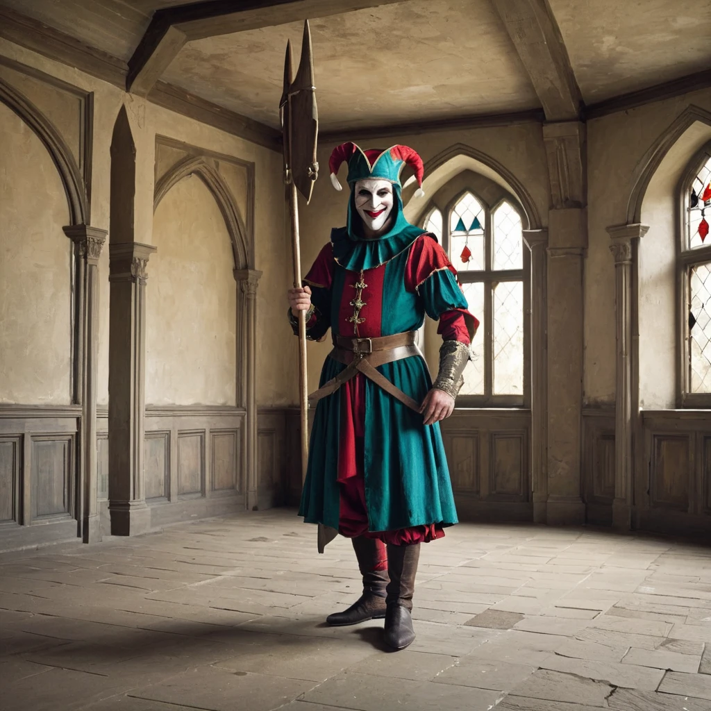 medieval jester in empty room