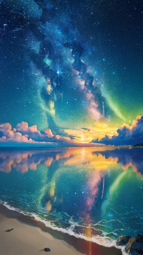 (zoom:1.1), (meteor shower:1.2), (comet:1.1), low angle, arora borealis, shooting star, top quality, masterpiece, clouds, colorful, southeast Asian beach, summer, seascape, small islands