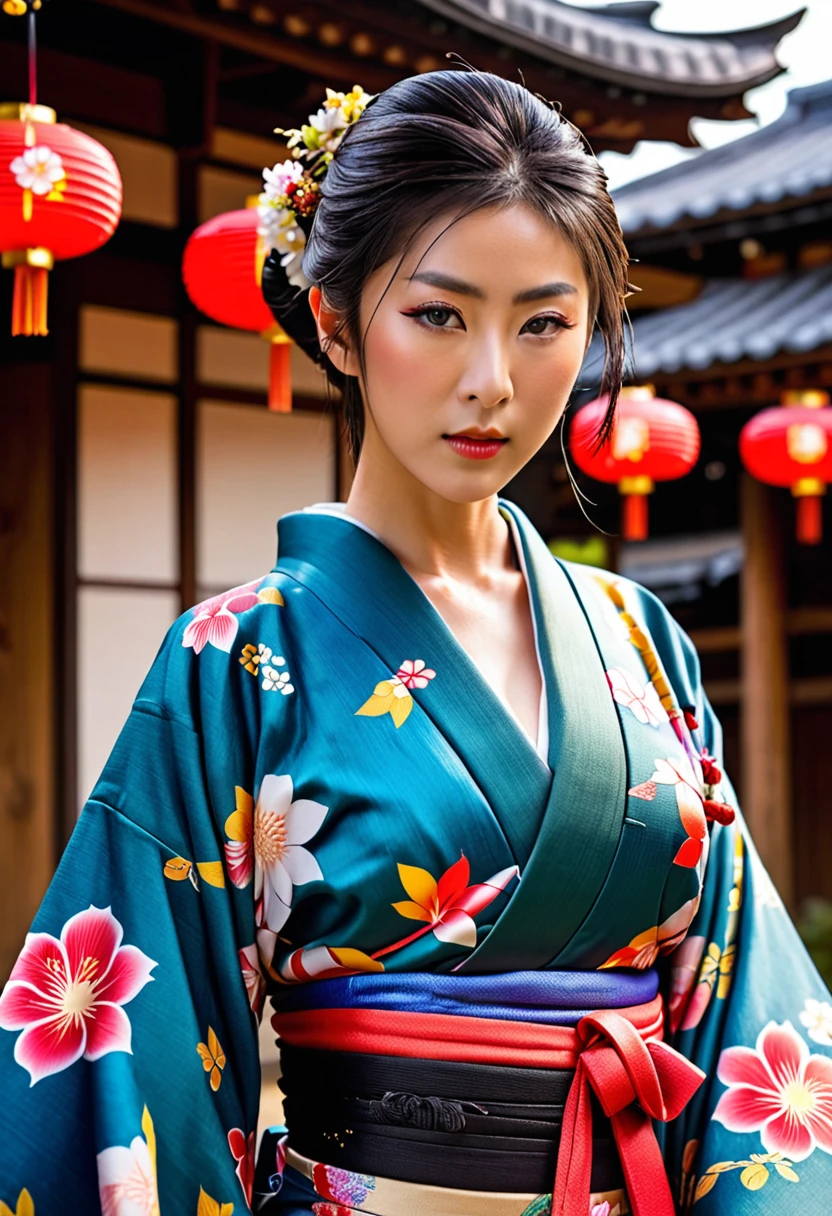 (top-quality、8K、32k、masterpiece、超A high resolution、nffsw:1.3)、(Japan idol:1.3)、1girl in、(Colossal tits:1.25)、(short-hair)、abdominals、the perfect body、((Takan Ninja)), Delicate facial features, Ultra-realistic, Hyper-realistic, clavicle、Shadow、octan render、((Wear a beautiful kimono with a high degree of exposure)),hyperdetailed face、Detailed lips、finely eye、double eyelid、(Enchanting)、((agitation:1.5))、maikurobiki、((Navel))、Armpit、((Female ninja)),Kunoichi Ninja、Throw shurikens、Japan holding a sword、Mystical expression、shrine background、Old Town of Japan、((heavy breasts)),Toostock、mecosuji、Kimono with colorful floral pattern、highcontrast、(((Brightly colored kimono))),