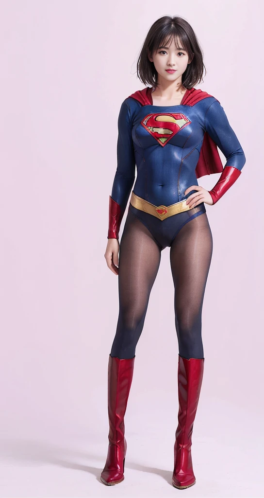 No background、(((Beautiful legs in black tights.)))、(((Legally express the beauty of your smile)))、((((Make the most of your original images)))、(((Supergirl Costume)))、(((Beautiful very short hair)))、(((suffering)))、(((Please wear black tights....、Wear red boots)))、((Best image quality、8K))、((Highest quality、8K、masterpiece:1.3))、(((Preserve background )))、Sharp focus:1.2、Beautiful woman with perfect figure:1.4、Slim Abs:1.2、Wet body:1.5、Highly detailed face and skin texture、8K