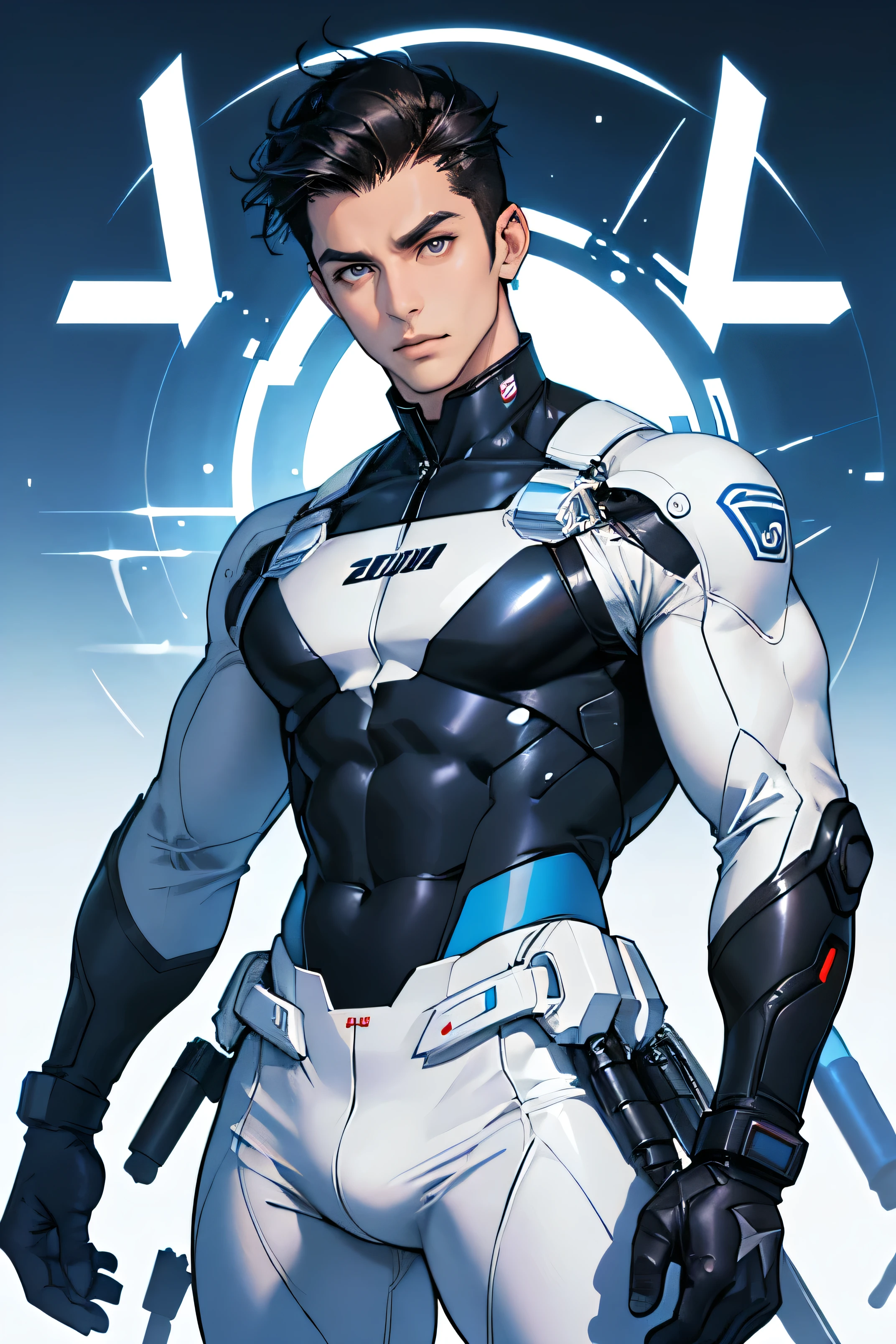 Handsome cyborg, 28 years old. brown eyes future universe science fiction The background is the galaxy universe The white and blue latex outfit was very tight. plug set glove Looking at the camera White belly very short, Cropped black hair Scinece magazine cover, Magazim magazine cover