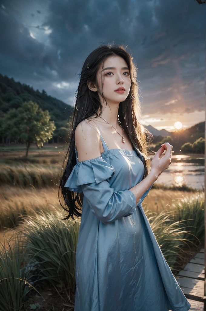 (((best quality))),(((ultra detailed))),(((masterpiece))),illustration,((1 beautiful girl,solo)),((slim,thin,flat chest)),(shoulder length straight bob hair:1.2),flowing hair,fair skin,(shiny skin:1.3),detailed eyes,laughing,(blue shirt dress:1.3),delicate necklace,grass,dewdropletts,trees,bird chirping,serenity,gratitude,awe,wonders of nature,peace,contentment,magnificent world,summer,(pitch-dark dawn:1.5),(night scene:1.3),((upper body,from front)),after rain,(wet:1.3),standing,on the path,on the mountain,confident gaze,elegant posture,mysterious atmosphere,solemn mood,dawn approaching,detailed decorations,(sunrise:1.3),(cloudy sky:1.2),rainbow,(Rural Landscape:1.2)