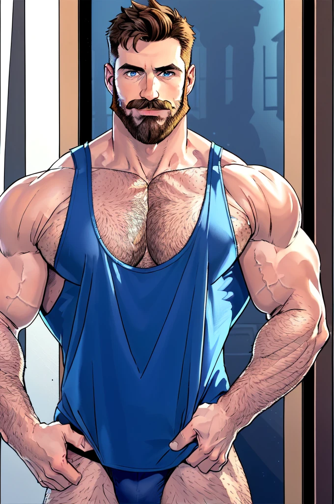 32k,1 male, male focus, beard,muscular male,  short hair, pushed back hair style, mature male, (blue tank top:1.3), pectoral cleavage, mustache, brown hair, hand on chest, indoors, blue eyes, chest hair, covered abs, upper body,  window, door,white briefs