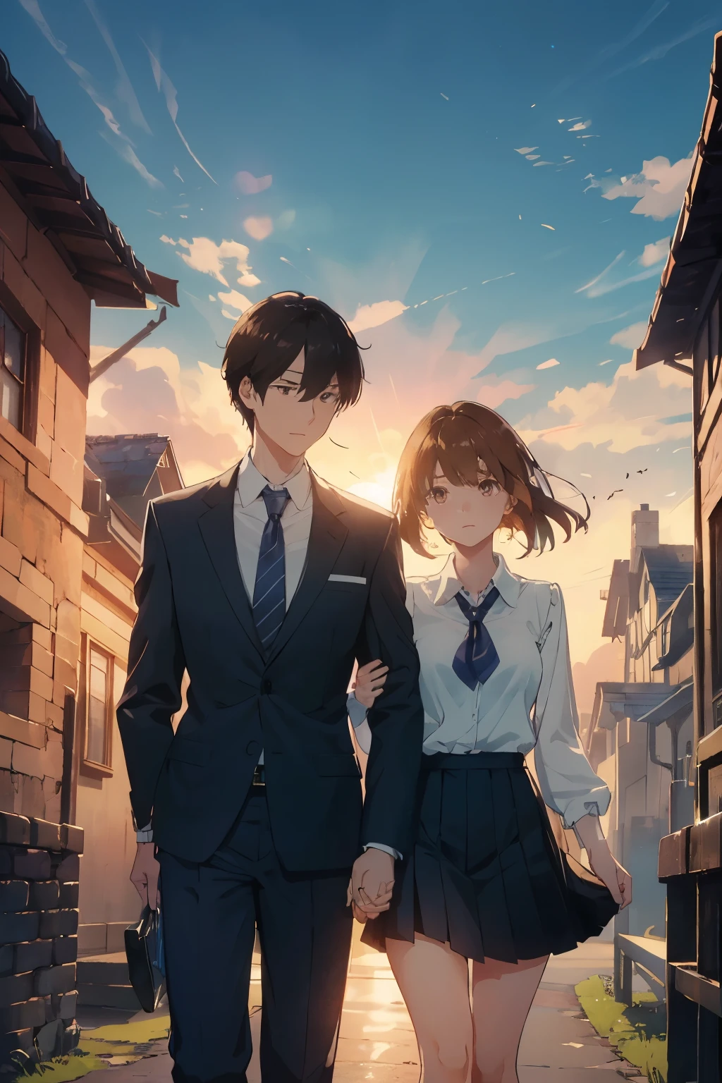 In the heartwarming scene, all of yesterday's worries seem to vanish as the sun's rays illuminate the day, casting a golden glow on the couple. They stand side by side, their hands intertwined, ready to embark on a journey together into the realm of dreams. The female character, a vision of beauty with her shoulder-length brown hair, bright brown eyes, and slender frame, wears a white blouse and a navy blue pleated mini skirt. Her male counterpart, exuding a sense of strength and confidence, is dressed in a collared shirt, dark blue tie, and high school long pants uniform. The crisp school building looms in the background, adding an