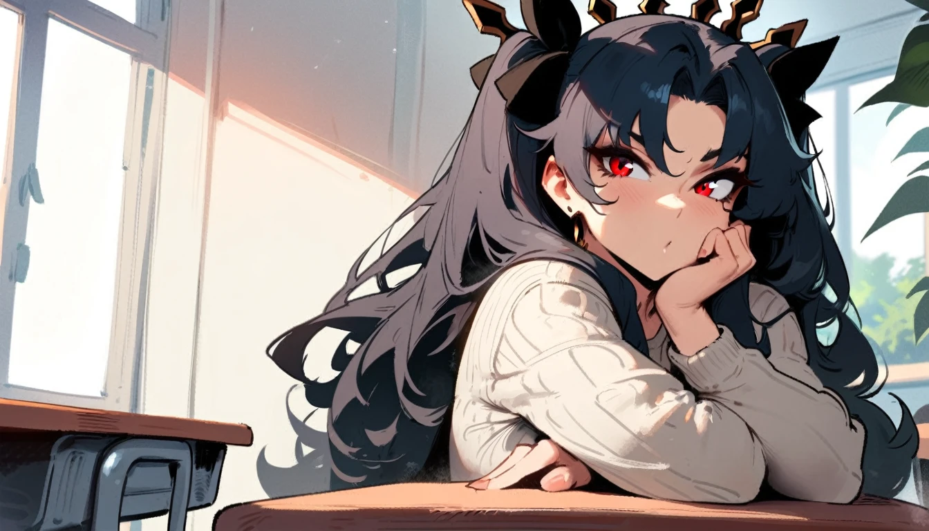 1girl, ishtar \(fate\), fate \(series\) \\\\\ masterpiece, best quality, very aesthetic, absurdres, newest \\\\\\ slim body,///// ,by nyantcha,cutesexyrobutts , by khyle,,////// beautiful face, sexy, red eyes, , at school, windows, greenery, sweater,,at desk, looking at viewer, close-up