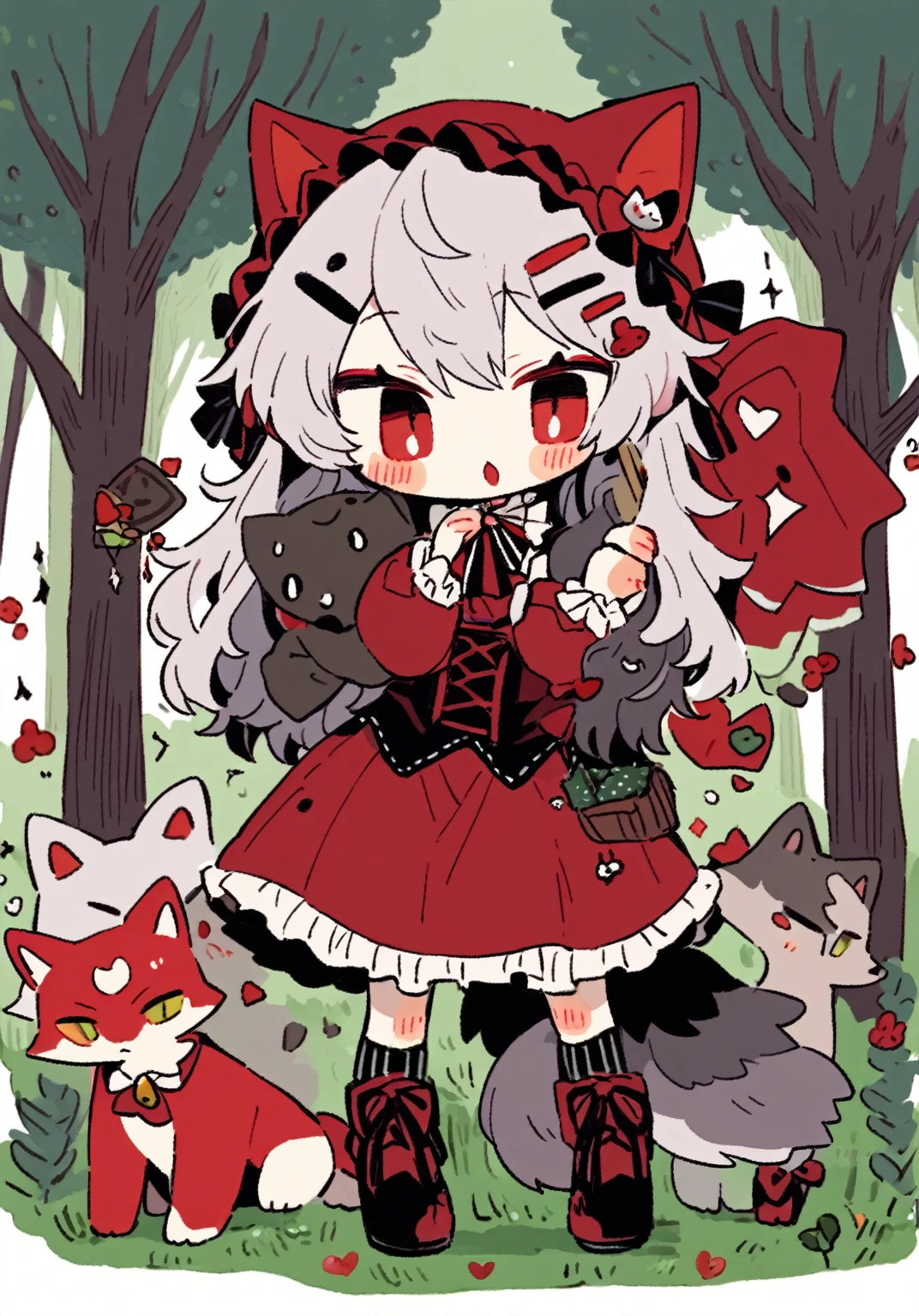 tegaki chibi 2boys wholesome gay male relationship red hood wolf ears in the forest gothic lolita