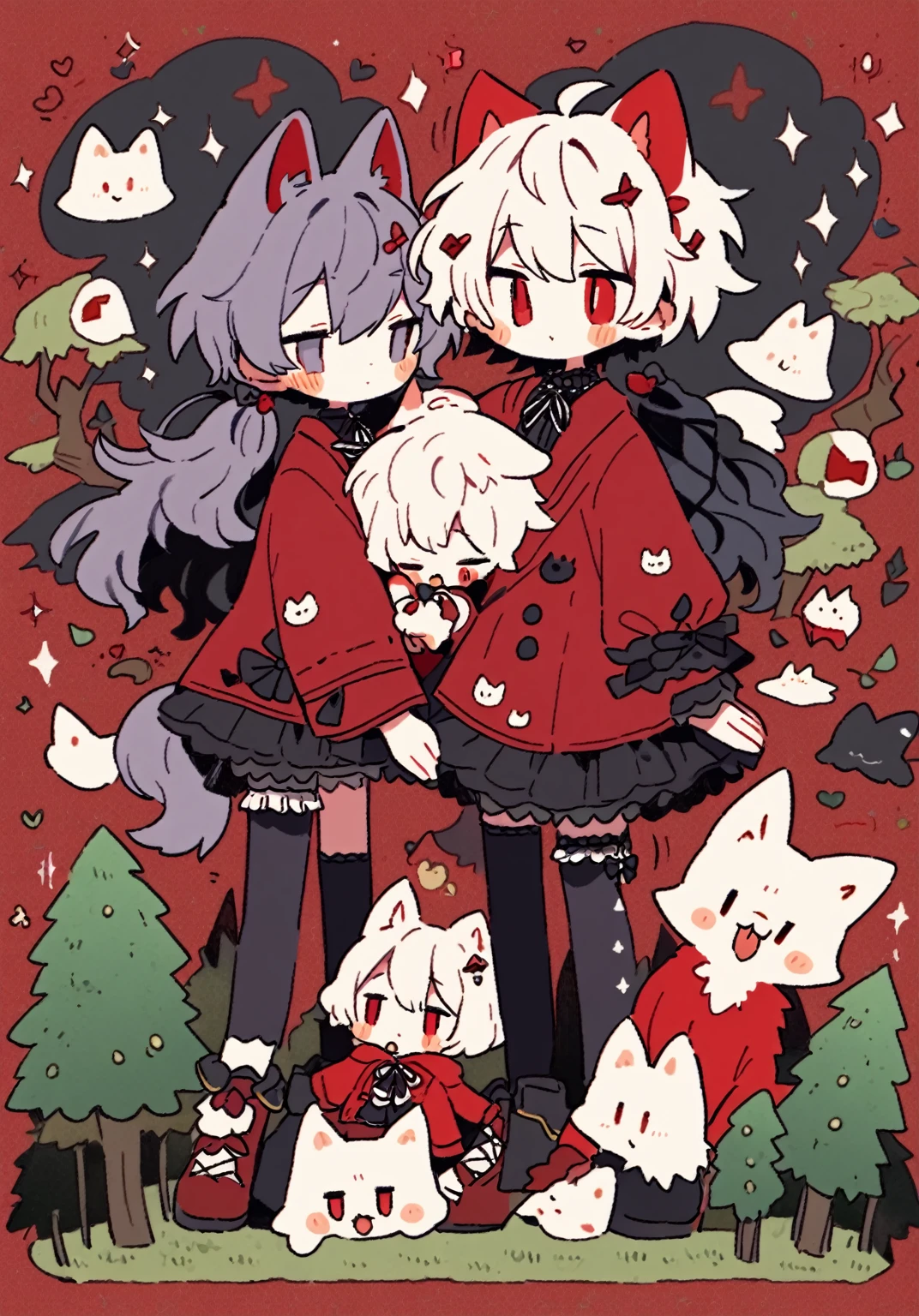 tegaki chibi 2boys wholesome gay male relationship red hood wolf ears in the forest gothic ta
