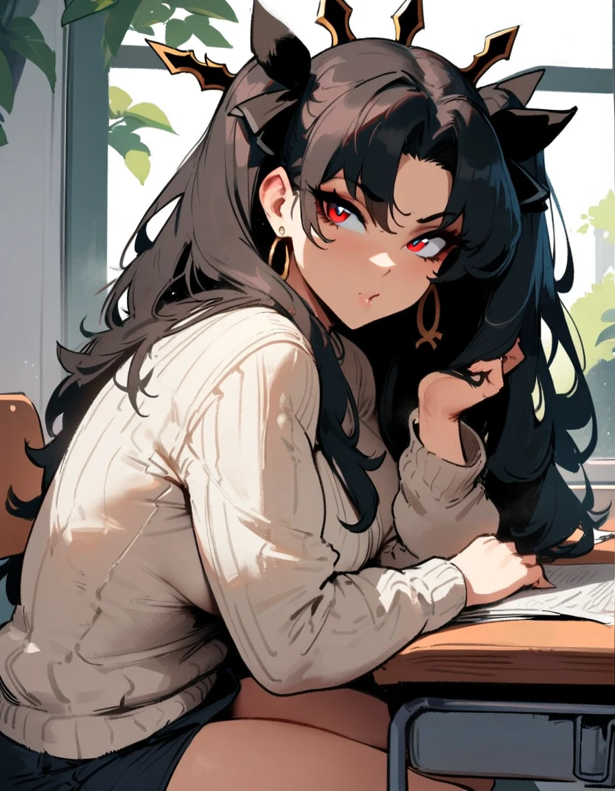 1girl, ishtar \(fate\), fate \(series\) \\\\\ masterpiece, best quality, very aesthetic, absurdres, newest \\\\\\ slim body,///// ,by nyantcha,cutesexyrobutts , by khyle,,////// beautiful face, y, red eyes, , at school, windows, greenery, sweater,,at desk, looking at viewer, close-up, big