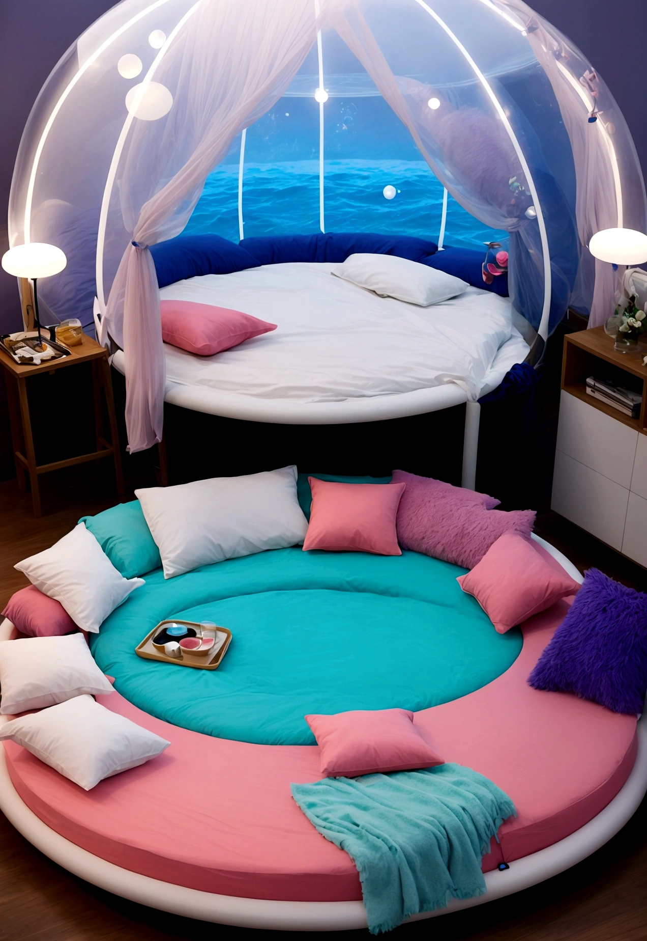 A bed floating in a round bubble in the ocean。The bed is lit up with neon lights.、Surrounded by vibrant colors。There are no people in the sea、I can hear the quiet sound of the waves。The bed is covered with fluffy pillows and soft futons.、It's like a dream world。