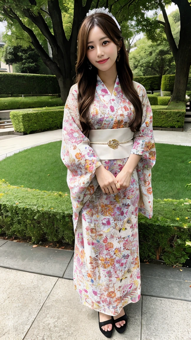 best quality, masterpiece, 1girl, long brown hair, kimono, in a flower garden, full body