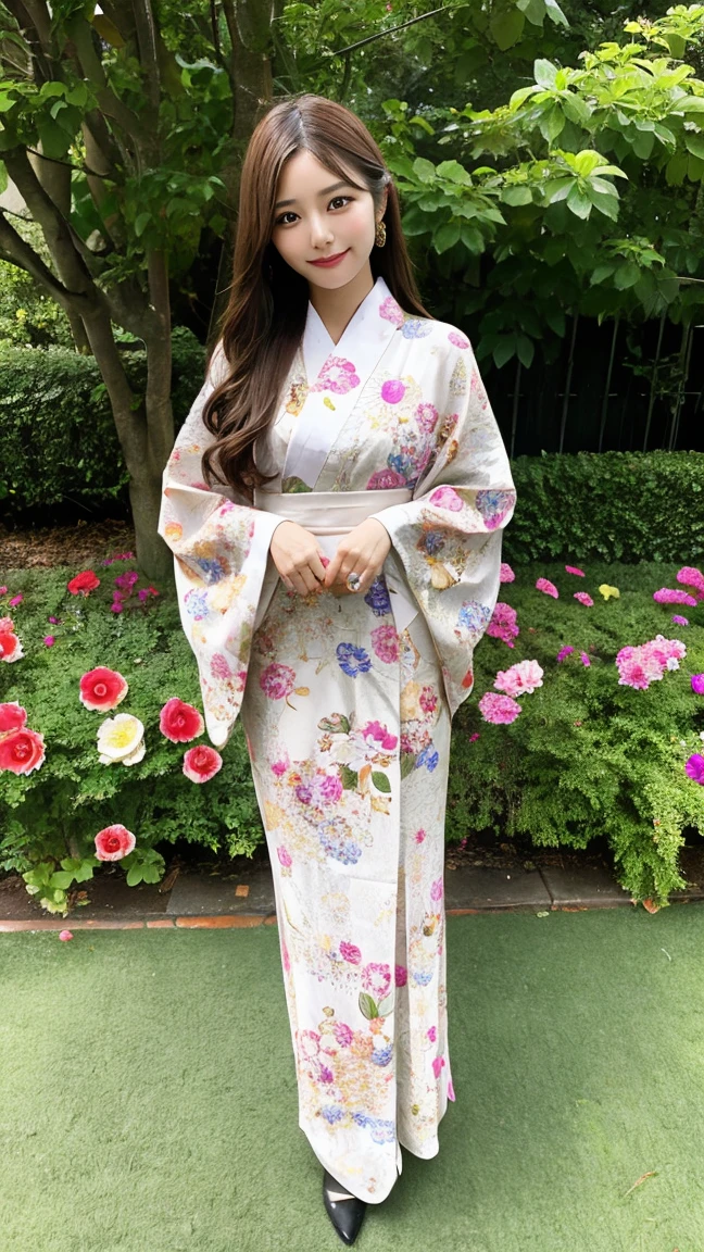 best quality, masterpiece, 1girl, long brown hair, kimono, in a flower garden, full body