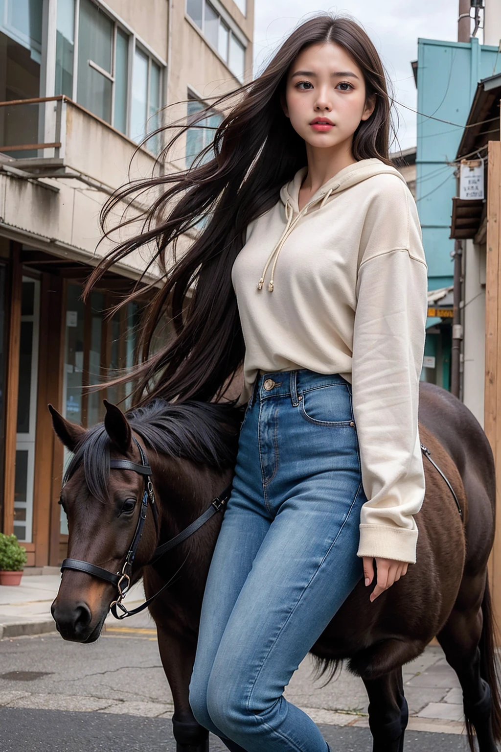 High quality, high resolution, masterpiece. A strikingly realistic photograph of a young woman, riding a majestic black and white horse, her dark brown wavy hair blowing in the wind. She appears deep in thought as she gazes into the distance. She is dressed in a long dark grey parka, a black top, jeans, boots and half-fingered gloves for extra protection. Behind her is a deserted street with muted colors and a sense of solitude, giving the whole scene an air of tranquility.