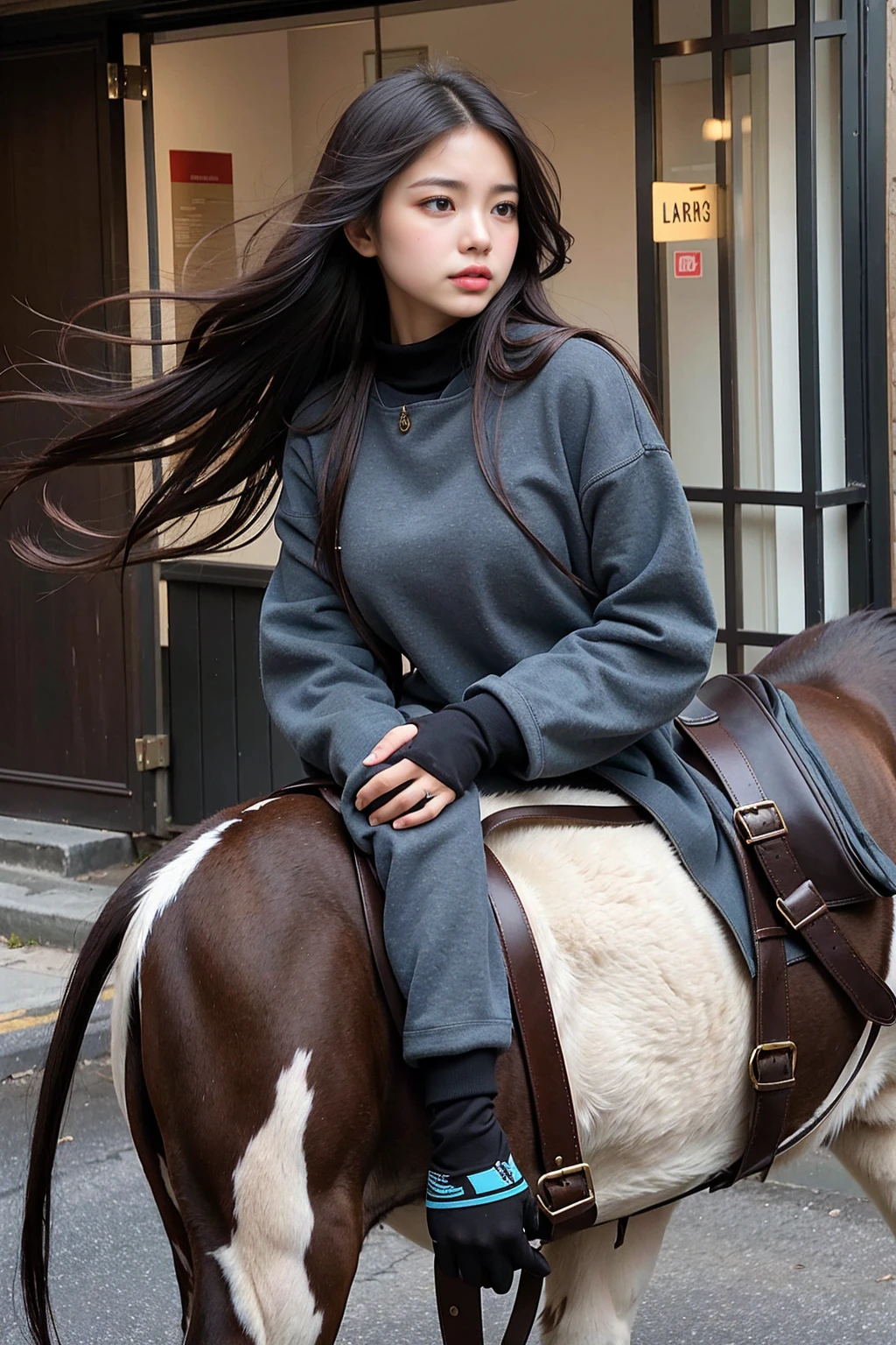 High quality, high resolution, masterpiece. A strikingly realistic photograph of a young woman, riding a majestic black and white horse, her dark brown wavy hair blowing in the wind. She appears deep in thought as she gazes into the distance. She is dressed in a long dark grey parka, a black top, jeans, boots and half-fingered gloves for extra protection. Behind her is a deserted street with muted colors and a sense of solitude, giving the whole scene an air of tranquility.
