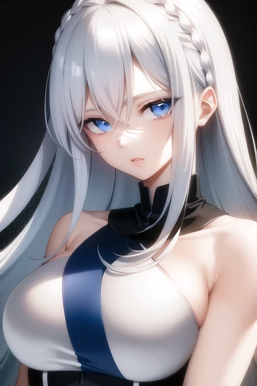white hair and blue eyes, attractive appearance, pura e sexy, delicate but mature face.