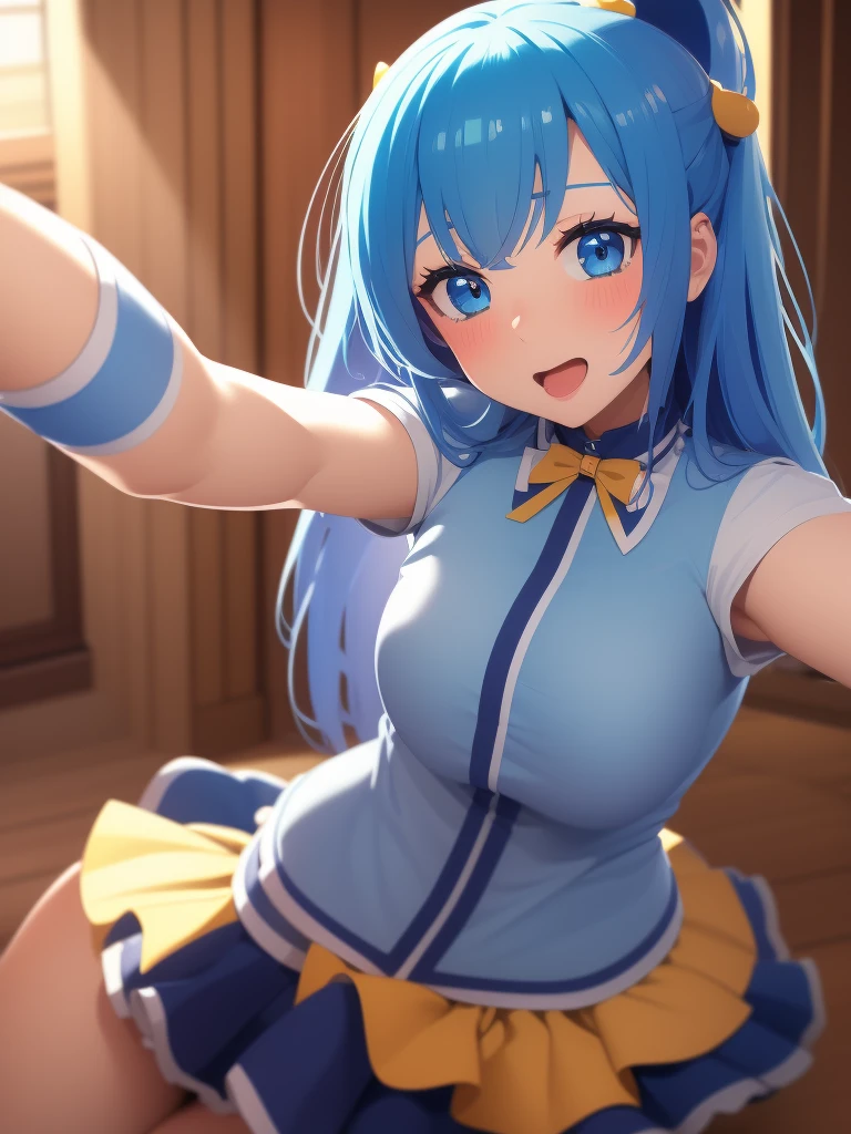 ((masterpiece)), ((Best quality)), (ultra detailed), ((kawaii)), Cute, (Beautiful), ((sexual)), ((extremely detailed)), 4K, (8 thousand.), Best quality, (Beautiful), illustration, anime style, (heavy line:1.2), Gradation, extremely detailed, Subtle touch:1.2), (Natural light, Sunbeam, rays of light, Dappled light, reflection, shadows, ray tracing:1.2) Cute girl, 1 girl, Konosuba, Water, blue hair, detailed clothing, detailed fabric, Hair rings, (One:1.2), standing, emphasizing the neckline and short skirt, slightly sheer blouse, short pleated skirt, Perfect eyes, (sexual expression:1.2), fascinated expression, smiling, looks at the viewer, (selfie:1.2), (at head level , smile, open mouth, leant forward, blush:1.2) , (Beautiful eyes), lifting skirt, Panties shown, Cute, stockings, hips high, hourglass body, Medium breasts, T-boots, Mid thighs