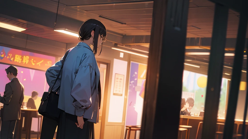 During the party、A woman stands a short distance away