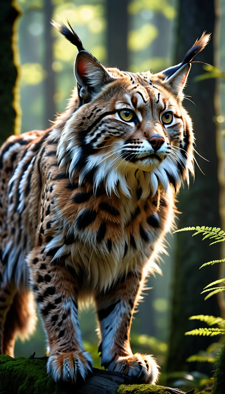 There is a beast in the forest，Long hair on the head，Looks like a bobcat，Mysterious Creatures, shrike, (best quality，4K，8K，High level，masterpiece：1.2），Ultra Detailed，（lifelike，Photo real，Photo real：1.37），Highly detailed animals，Complex patterns，Realistic lighting，Fantasy Creatures