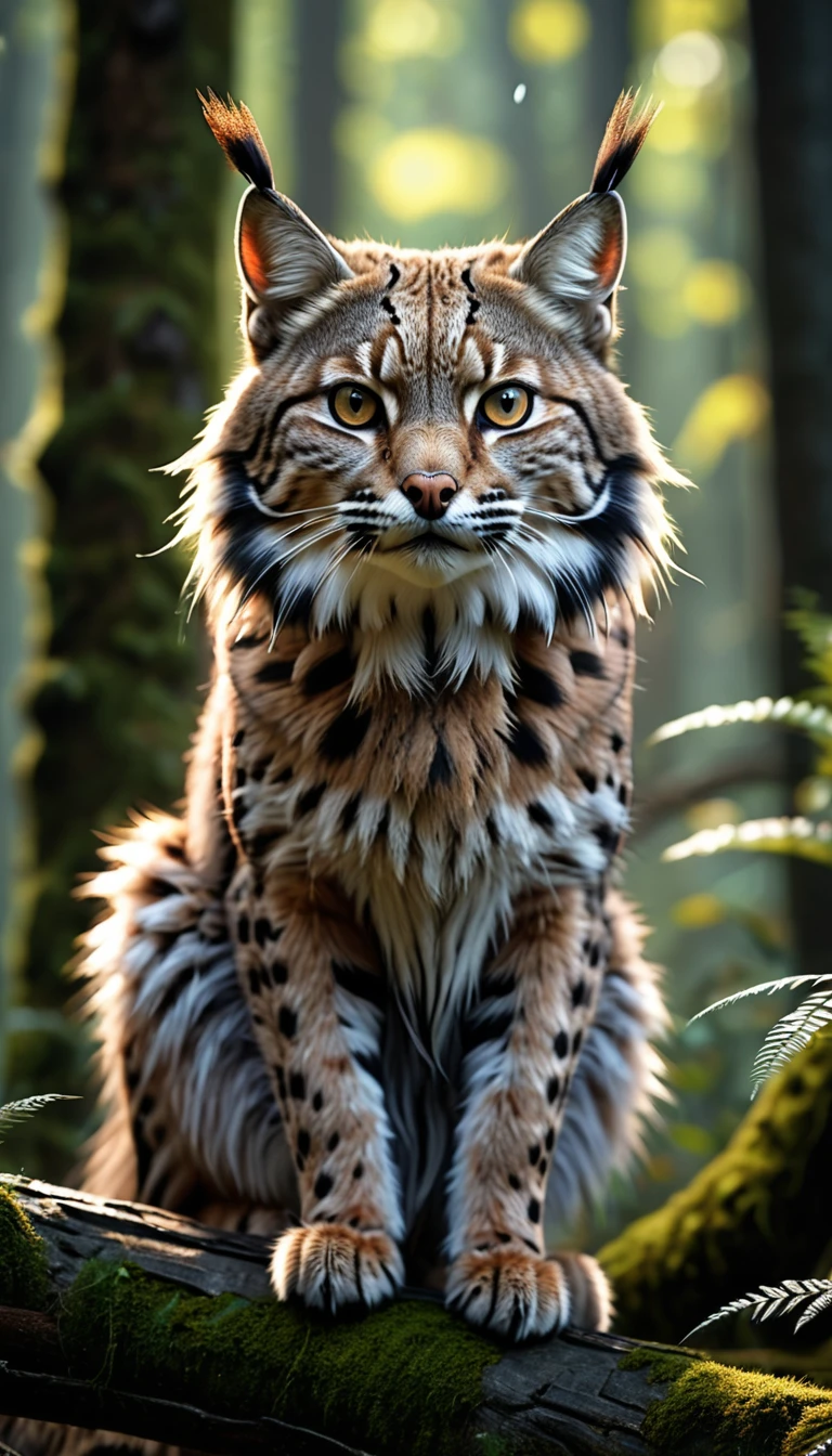 There is a beast in the forest，Long hair on the head，Looks like a bobcat，Mysterious Creatures, shrike, (best quality，4K，8K，High level，masterpiece：1.2），Ultra Detailed，（lifelike，Photo real，Photo real：1.37），Highly detailed animals，Complex patterns，Realistic lighting，Fantasy Creatures