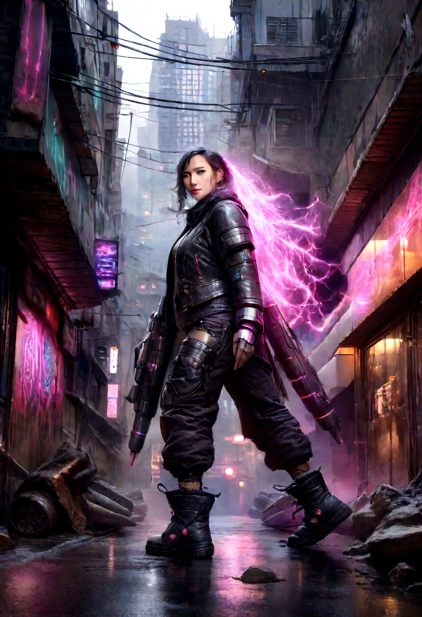 (best quality,4k,8k,highres,masterpiece:1.2),ultra-detailed,(realistic,photorealistic,photo-realistic:1.37),cyberpunk fantasy,cosplay of a man in futuristic attire,mechanical augmentation,glowing neon lights,urban cityscape,gritty and dark atmosphere,high-tech gadgets,multiple layers of clothing,reflective surfaces,expressive glowing eyes,metallic arm prosthetics,urban decay,energy weapons,advanced technology,hovering drones,street graffiti,shadows and silhouettes,sharp and angular shapes,contrast between light and dark,emerging steam,electric sparks,smoke and fog,unconventional hair colors,edgy and daring poses,mysterious alleyways,streets filled with advertisement holograms,vivid and vibrant colors,imposing skyscrapers,intricate tattoos,impressive cybernetic implants,imposing stance and confident expression,imposing stance and confident expression,advanced cybernetic enhancements,chaotic and dynamic composition,unique and intricate patterns,stylized futuristic aesthetics,facial piercings and body modifications,stylized futuristic aesthetics,pulsating energy effects,highly detailed background scene,highly detailed cyberpunk accessories,highly detailed cyberpunk accessories,city streets with flying vehicles,exotic and extravagant fashion,urban environments with dense crowds,glitch and distortion effects,grunge and decay,hard light sources and reflections,dystopian setting with an enigmatic atmosphere