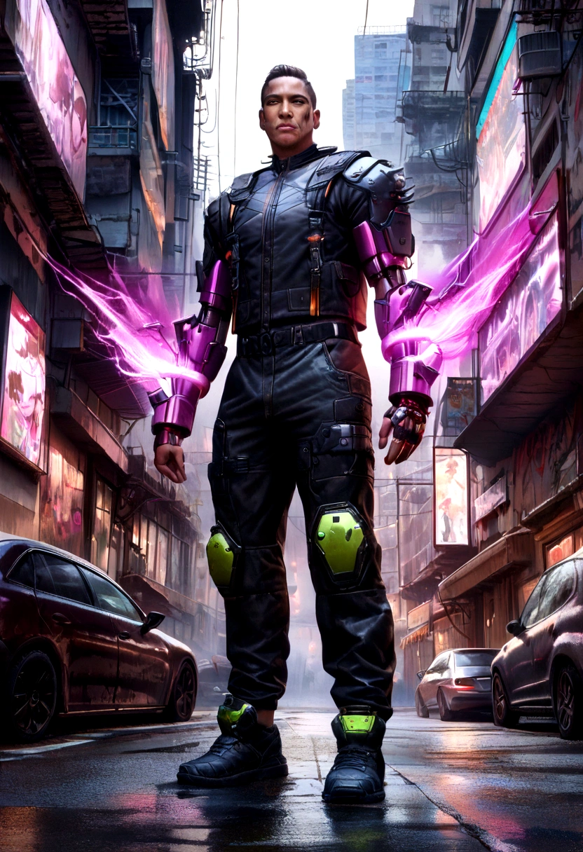 (best quality,4k,8k,highres,masterpiece:1.2),ultra-detailed,(realistic,photorealistic,photo-realistic:1.37),cyberpunk fantasy,cosplay of a man in futuristic attire,mechanical augmentation,glowing neon lights,urban cityscape,gritty and dark atmosphere,high-tech gadgets,multiple layers of clothing,reflective surfaces,expressive glowing eyes,metallic arm prosthetics,urban decay,energy weapons,advanced technology,hovering drones,street graffiti,shadows and silhouettes,sharp and angular shapes,contrast between light and dark,emerging steam,electric sparks,smoke and fog,unconventional hair colors,edgy and daring poses,mysterious alleyways,streets filled with advertisement holograms,vivid and vibrant colors,imposing skyscrapers,intricate tattoos,impressive cybernetic implants,imposing stance and confident expression,imposing stance and confident expression,advanced cybernetic enhancements,chaotic and dynamic composition,unique and intricate patterns,stylized futuristic aesthetics,facial piercings and body modifications,stylized futuristic aesthetics,pulsating energy effects,highly detailed background scene,highly detailed cyberpunk accessories,highly detailed cyberpunk accessories,city streets with flying vehicles,exotic and extravagant fashion,urban environments with dense crowds,glitch and distortion effects,grunge and decay,hard light sources and reflections,dystopian setting with an enigmatic atmosphere