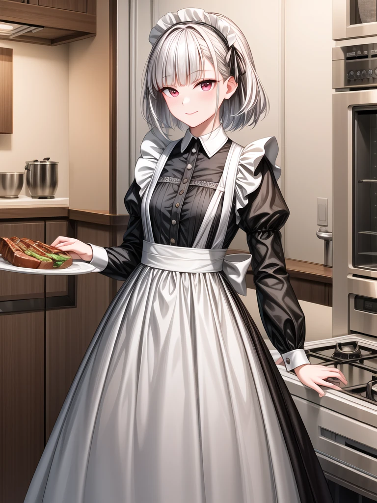 blunt bangs,((medium hair ,white Bob Hair、:1.2)),(ultra-detailed eyes, beautiful and detailed face, detailed eyes: 0.9), ,((full shot)),red eyes , longeyelashes, beautiful hair, beautiful face, beautiful detailed eyes, (((masterpiece))), (((best quality))), (((ultra detailed))), (((high-resolution))), ((super fine illustration)),Ultra-detailed photography with great depth of field, detailed eyes, ,small breasts,, (masterpiece:1.2) 、8k, RAW Photos, highest quality, masterpiece, Realistic, Photorealistic, (1 Ultimate beauty), 18 years old, Highly detailed face,Detailed eyes, double eyelid, No expression
,
(((cold look,hair intakes,a forehead:0.1))),、long sleeve maid attire, {maid}, {long maid dress},puff sleeves、Forehead、.no exposure、、,Eyes,Red ribbons on both sides of the headband,full body
、
kitchen cooking a meal、Character is cooking steak on a fire, In the style of star art group Xing, Realistic portrait, Handsome, gongbi, Romantic Academia, event, pastoral charm , 32K, Best Quality, masutepiece, Super Detail, high details、A maid cooking、masterpiece, best quality, highres, aaerina, ponytail, long hair, , beautiful food,standing, plate, food, meat, smile, kitchen, table,