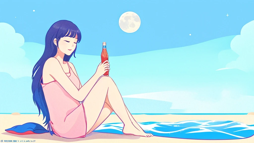 Lo-fi music anime illustration of a girl sitting on the beach at night watching a bonfire。The moon is reflected on the surface of the sea、It creates a calm and quiet atmosphere。The girl is relaxing in a camping chair、A gentle breeze makes me feel like time is passing slowly as my hair flutters.。The only light is from the moon and the bonfire。