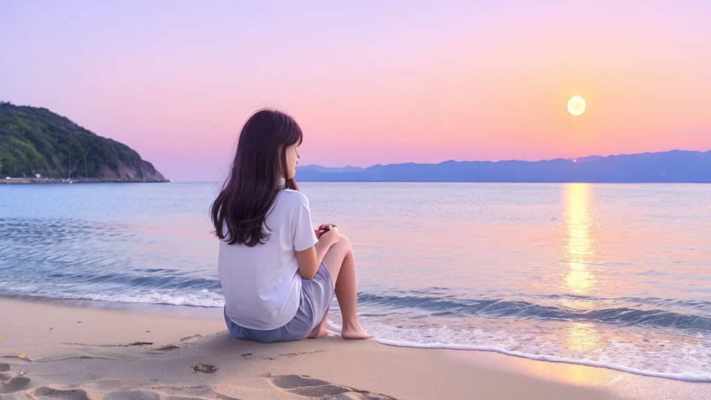 Lo-fi music anime illustration of a girl sitting on the beach at night watching a bonfire。The moon is reflected on the surface of the sea、It creates a calm and quiet atmosphere。The girl is relaxing in a camping chair、A gentle breeze makes me feel like time is passing slowly as my hair flutters.。The only light is from the moon and the bonfire。