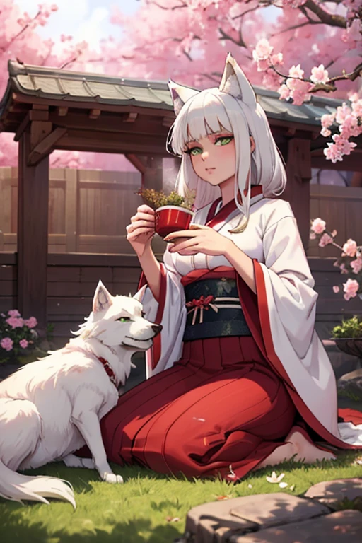  a young white haired wolf woman with green eyes and white wolf ears and a white wolf tail in a prettty kimono is drinking tea in a cherry blossom garden