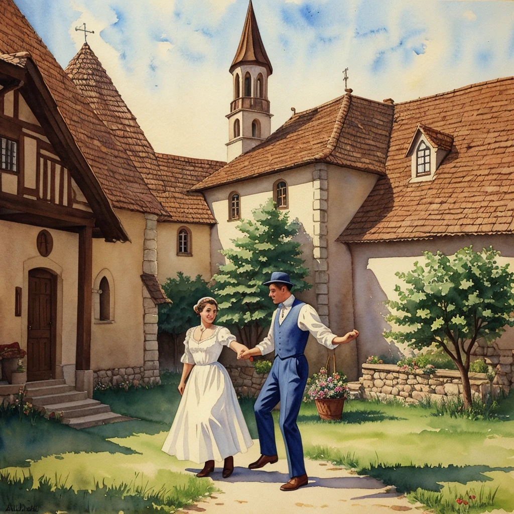 watercolor drawing in Retro-Look, rural saxones village in Transilvania with fortificated church of bazna, man and woman dance, full body shot, in the style of classic Americana, white background, Andrew Loomis style, Masterpiece work of art, 