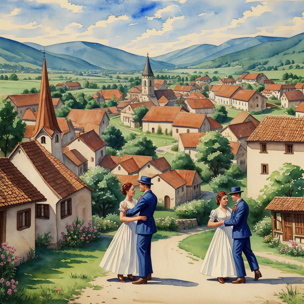 watercolor drawing in Retro-Look, rural saxones village in Transilvania with fortificated church of bazna, man and woman dance, full body shot, in the style of classic Americana, white background, Andrew Loomis style, Masterpiece work of art, 