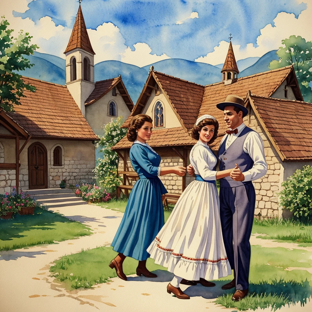 watercolor drawing in Retro-Look, rural saxones village in Transilvania with fortificated church of bazna, man and woman dance, full body shot, in the style of classic Americana, white background, Andrew Loomis style, Masterpiece work of art,