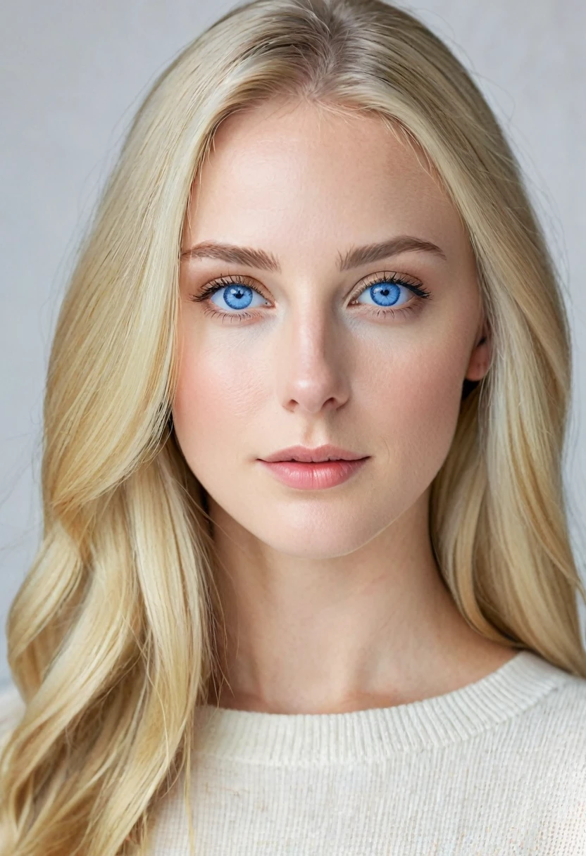 Extremely light white woman, young, adult, neoteny, blue eyes, angelic face, fine features, thin nose, symmetrical face, small nose, perfect face, tenderness, smooth skin, perfect skin, very long light blonde hair,hyper realistic