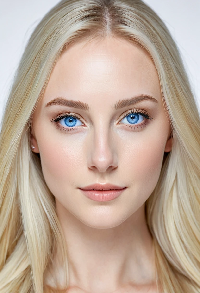 Extremely light white woman, young, adult, neoteny, blue eyes, angelic face, fine features, thin nose, symmetrical face, small nose, perfect face, tenderness, smooth skin, perfect skin, very long light blonde hair,hyper realistic