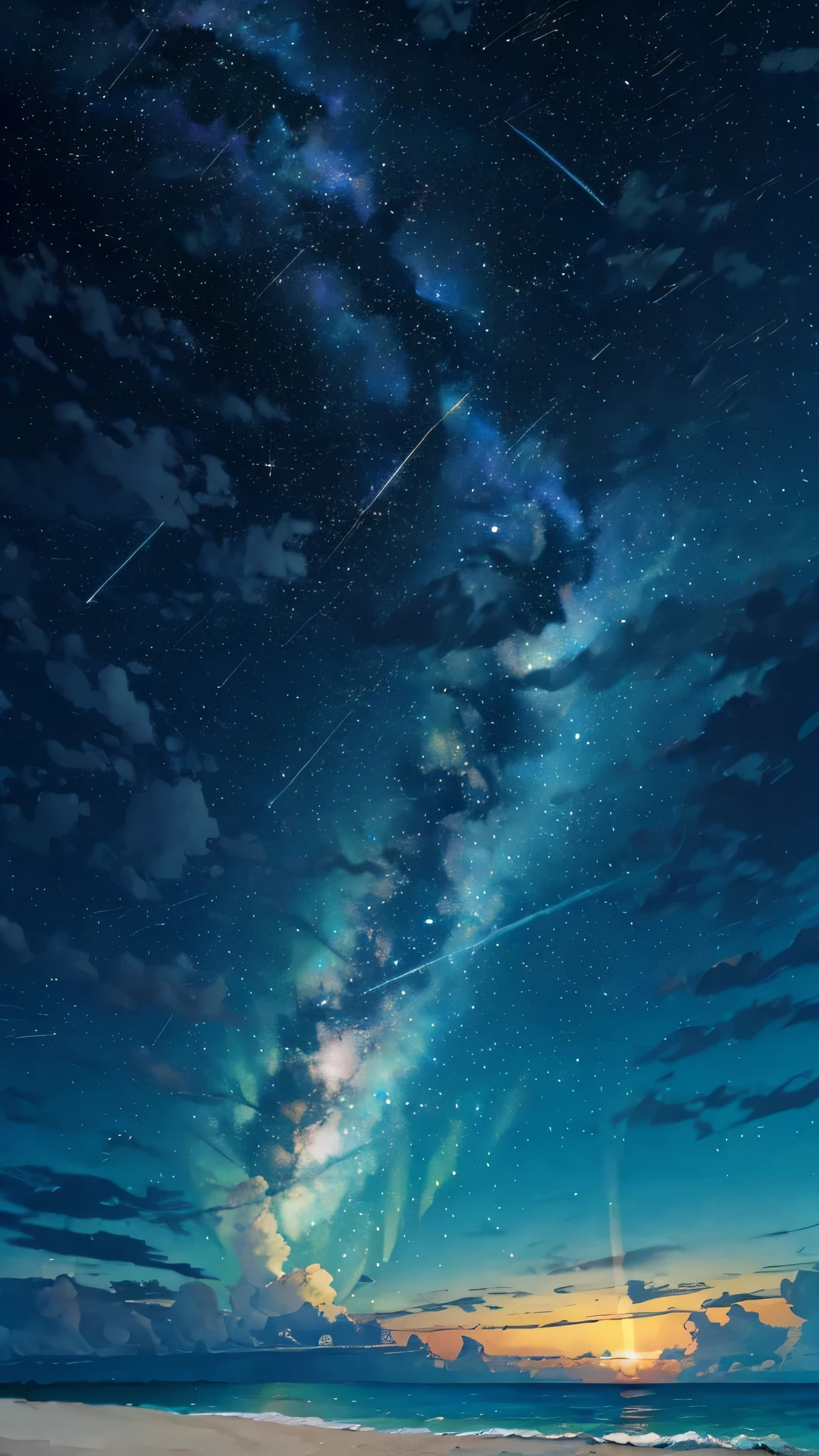 (zoom:1.1), (meteor shower:1.2), (comet:1.1), low angle, arora borealis, shooting star, top quality, masterpiece, clouds, colorful, southeast Asian beach, summer, seascape, small islands