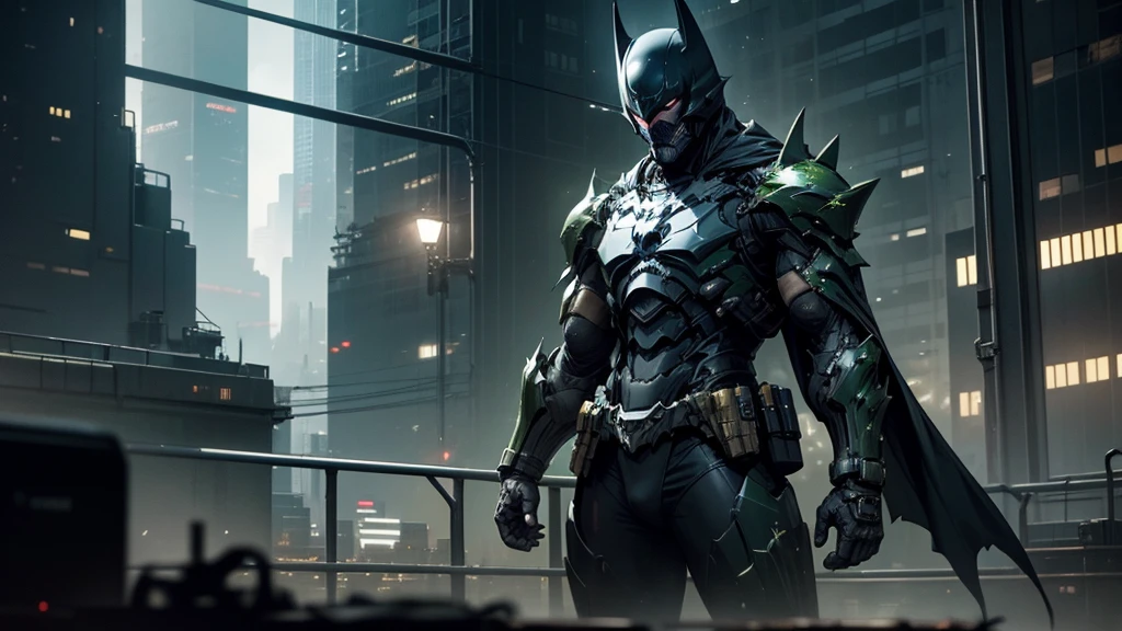 dark Knight、cyber punk、Cityscape、Decadent、Greenish light、dark、techno