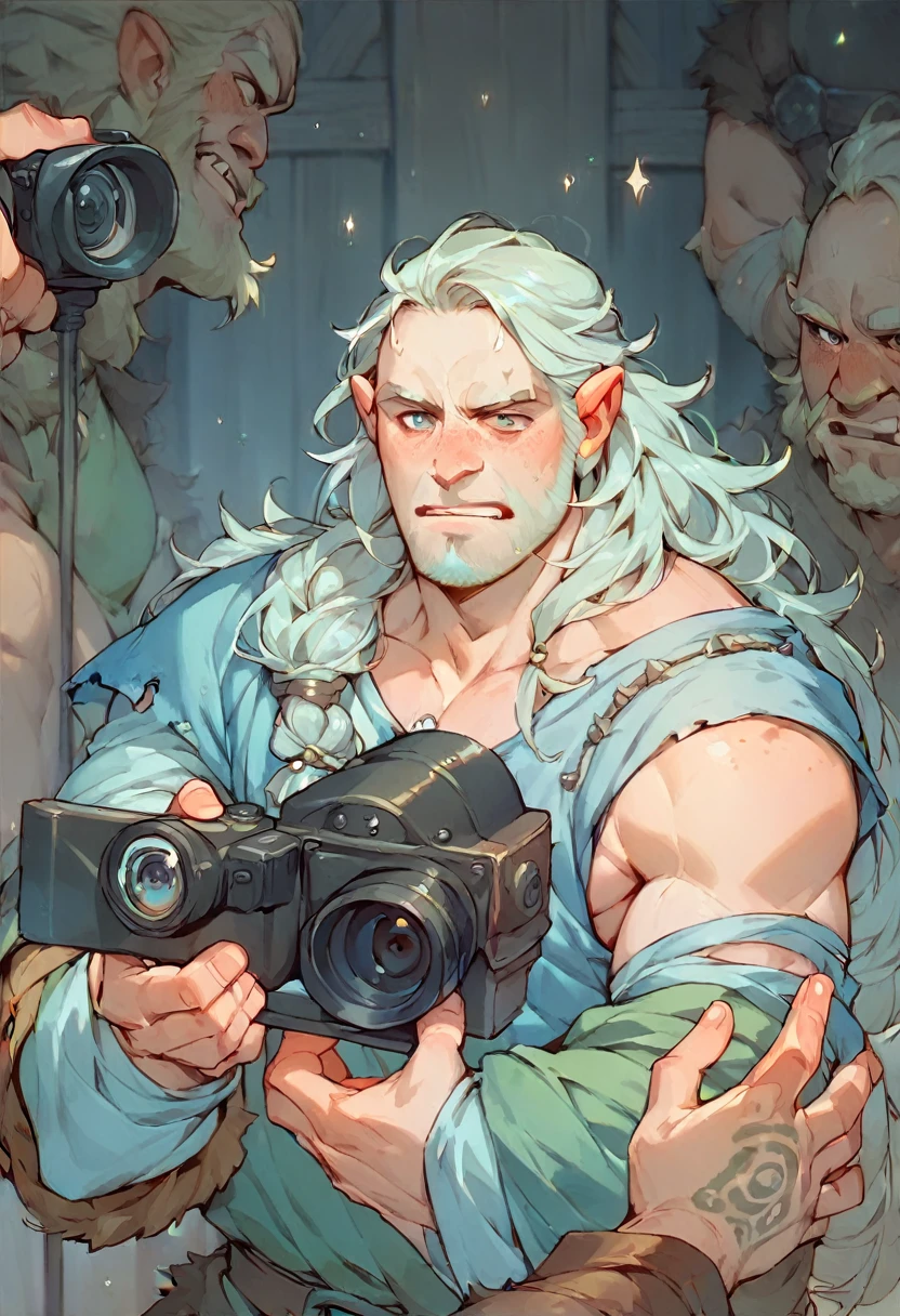 (Dwarf), (Male), (light blue long hair), Casting a spell