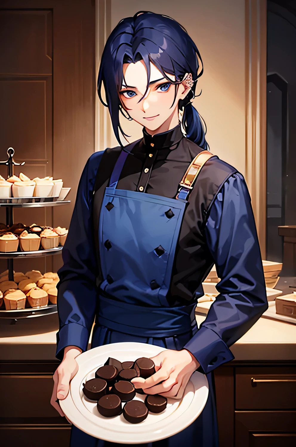 1man, male, tall, 25 years old, flirty, dark blue shoulder length hair, one side the hair is tucked behind his ear with piercings, blue eyes, flirty expression and smile, chocolatier, holding pralines on a plate and one with other hand, wearing a baker's uniform
